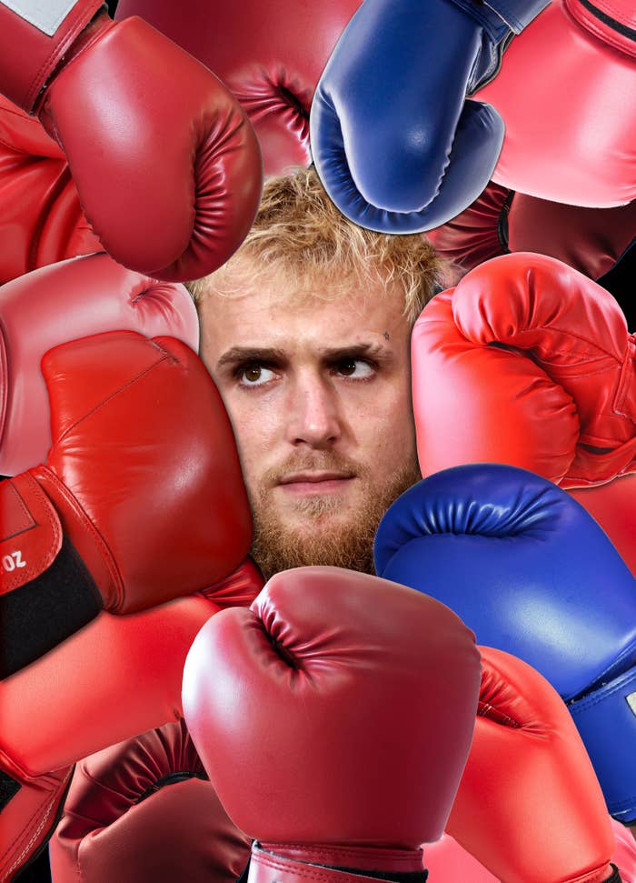 A photo illustration of Jake Paul surrounded by boxing gloves