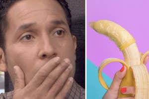 shocked oscar nunez and a banana with a condom on