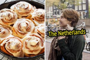 On the left, some cinnamon rolls in a cast iron skillet, and on the right, Shailene Woodley standing in front of a canal in Amsterdam as Hazel in The Fault in Our Stars labeled the Netherlands