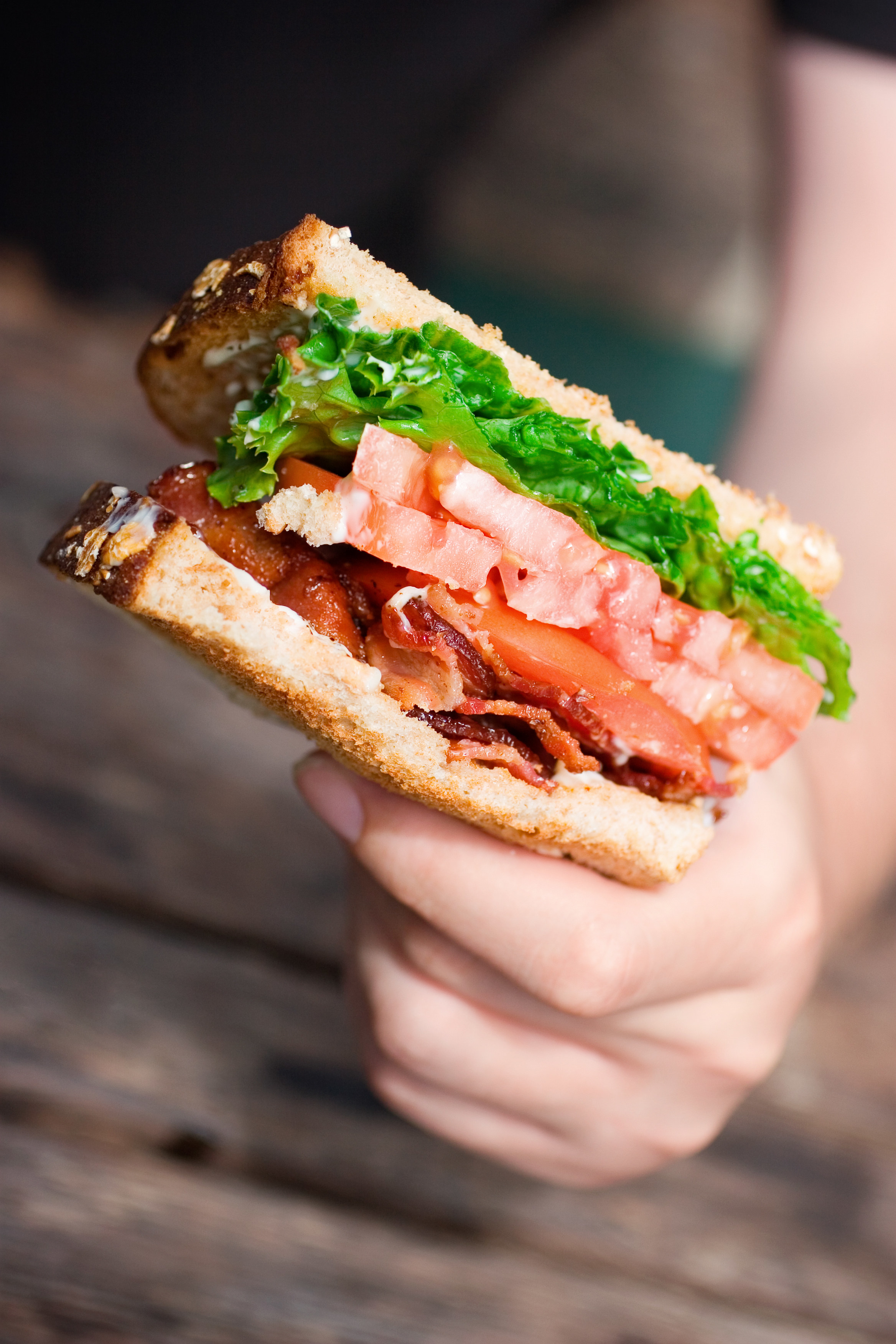 A hand holding a BLT sandwich