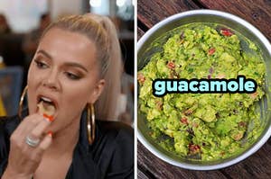 On the left, Khloe Kardashian eating a potato chip, and on the right, a bowl of guacamole