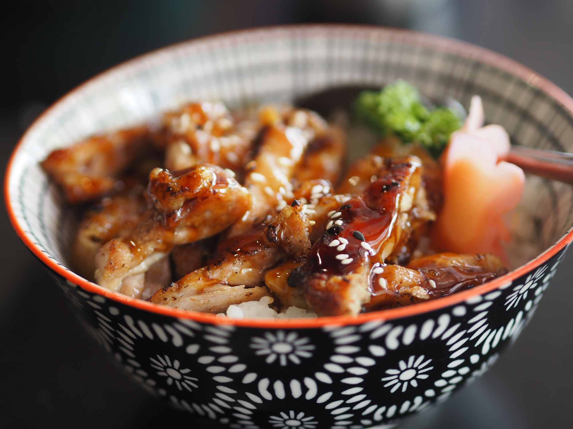 Chicken teriyaki over rice in a bowl