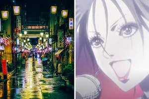 A view of Japan is on the left with an Anime scene on the right