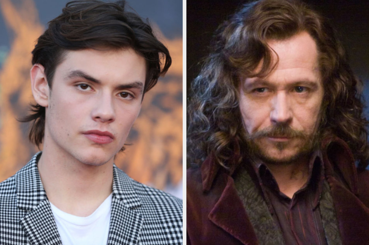 Louis Partridge side by side with a picture of Sirius Black from the harry potter movies