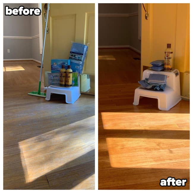 A customer review before and after photo showing their upgraded wood floors