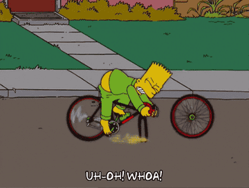Bart Simpson riding his bike that falls apart beneath him