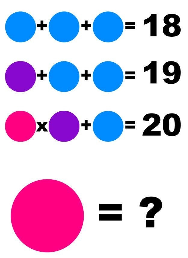 3 pink circles added together=18; 1 purple+2 blue circles=19; 1 pink x 1 purple + 1 blue circle=20; 1 pink circle=?