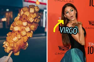 On the left, someone holding a Korean-style corn dog, and on the right, Zendaya blowing a kiss on the red carpet with an arrow pointing to her and Virgo typed under her chin