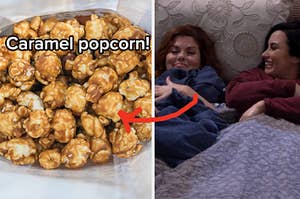 A bag of caramel popcorn and Debra Messing is in bed with Demi Lovato