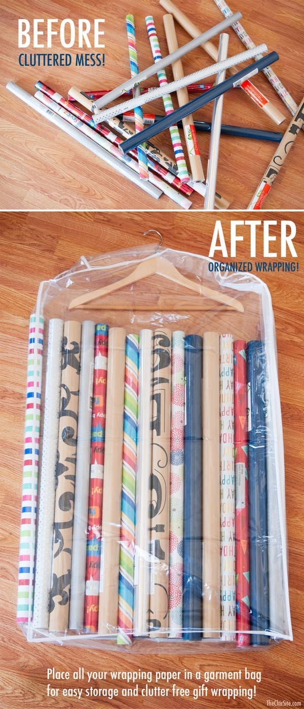 before and after of wrapping paper organized