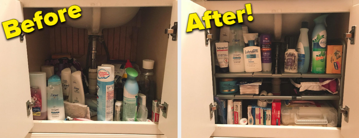 Reviewer before and after pic of inside a bathroom vanity cabinet with a lot of organized items in a small space thanks to the adjustable organizer