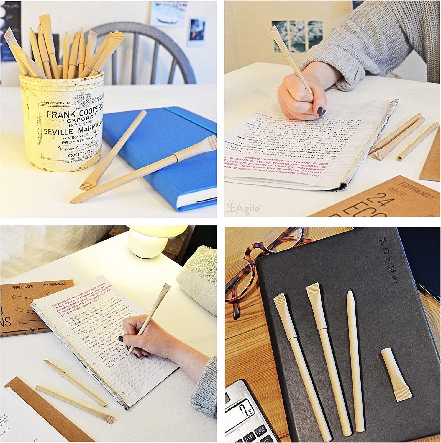 Four-way split photo collage showing the pens in various settings: stored in jar, being used to take notes on piece of paper, spread on top of leather journal