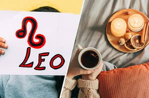 The Leo zodiac sign and an overhead shot of a mug of tea and a tray of candles