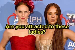 Natalie Portman wears a strapless dress and Tessa Thompson wears a sparkly strapless gown
