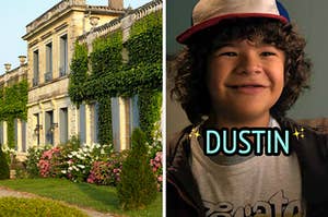 On the left, a chateau covered in vines, and on the right, young Dustin from Stranger Things smiling