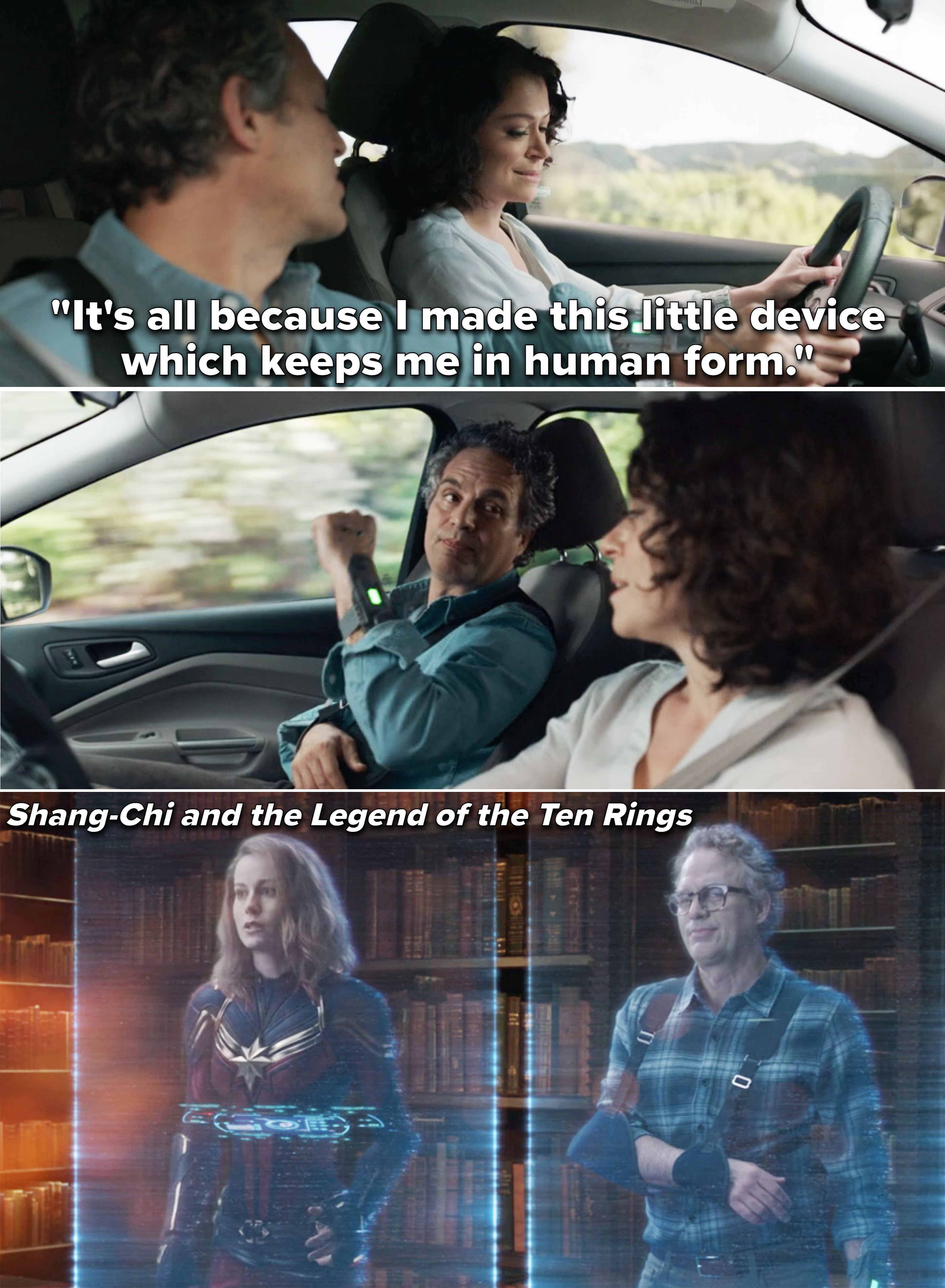Bruce in the car with Jen and the Bruce hologram next to Captain Marvel&#x27;s hologram in Shang-Chi