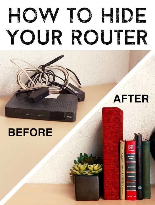 before and after of router being hidden in a book