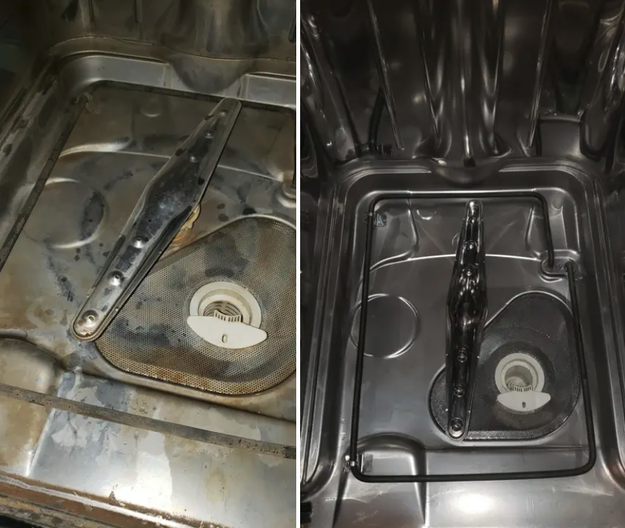 A before/after of a reviewer&#x27;s dishwasher, dirty and stained before and shiny and new looking after