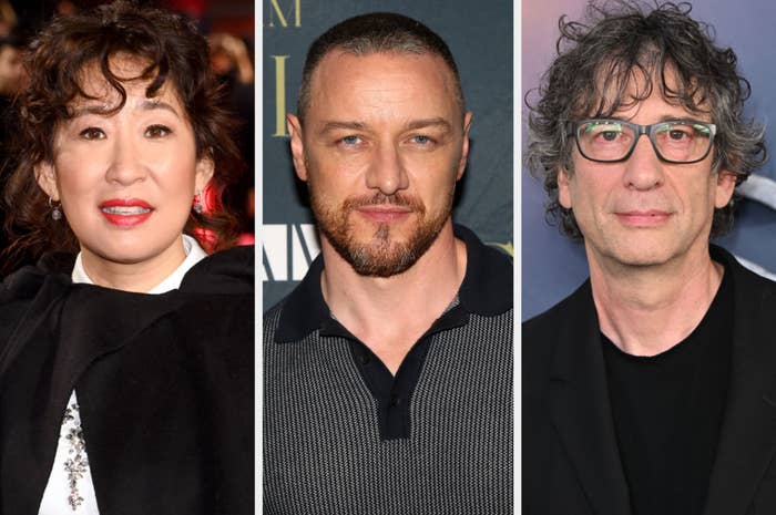 Close up photos of sandra oh james mcavoy and neil gaiman