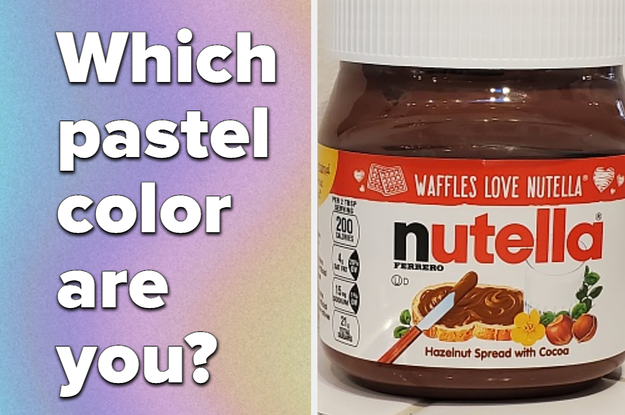 "Which pastel color are you?" is written on the left with a food item on the right