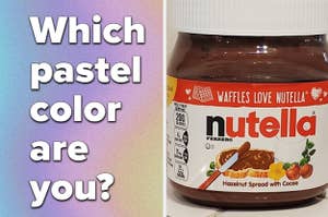 "Which pastel color are you?" is written on the left with a food item on the right