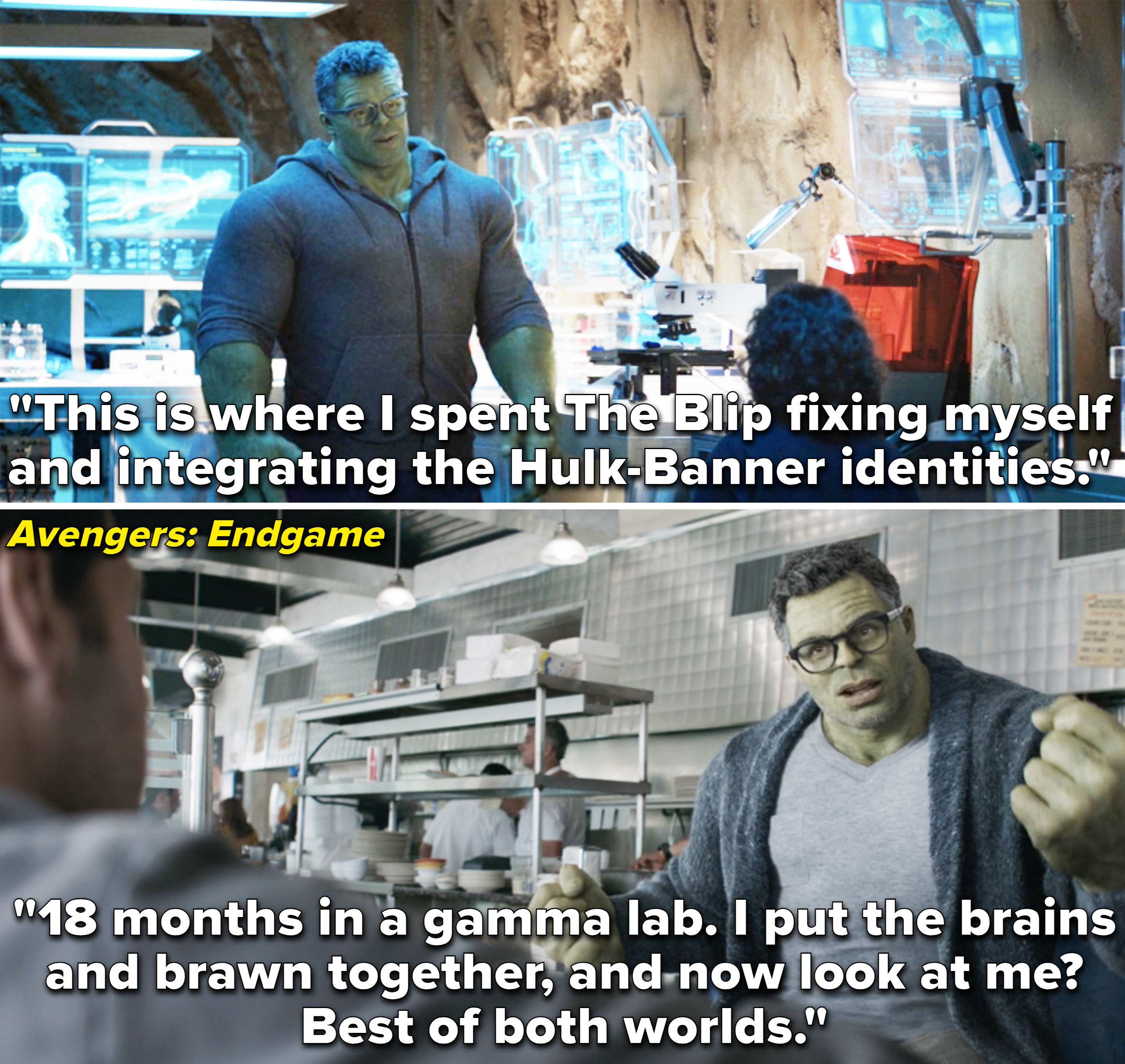 Bruce explaining he spent The Blip in this lab, integrating the Hulk and Banner identities, so now he has both brains and brawn