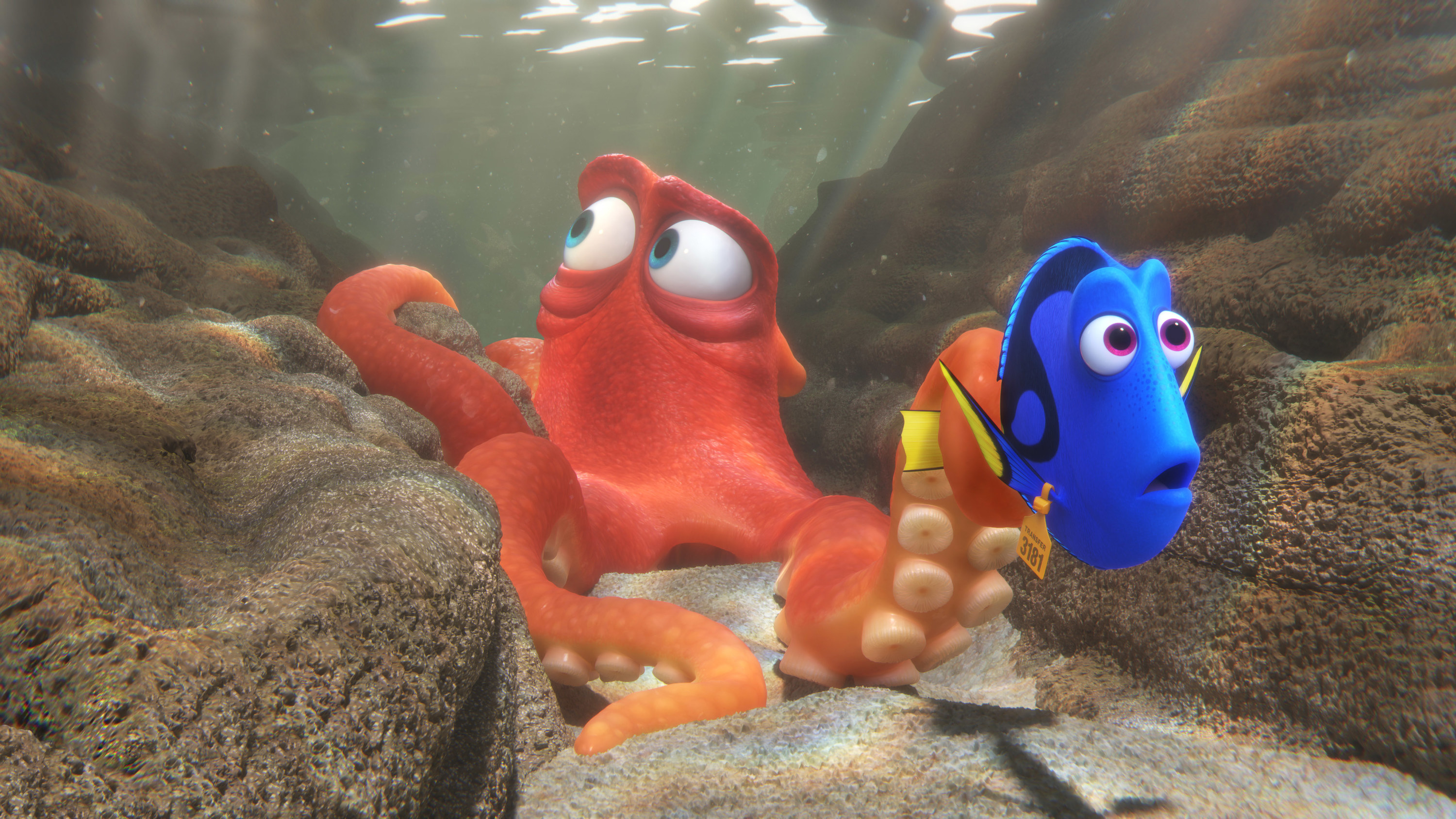 Hank and Dory swim through the ocean