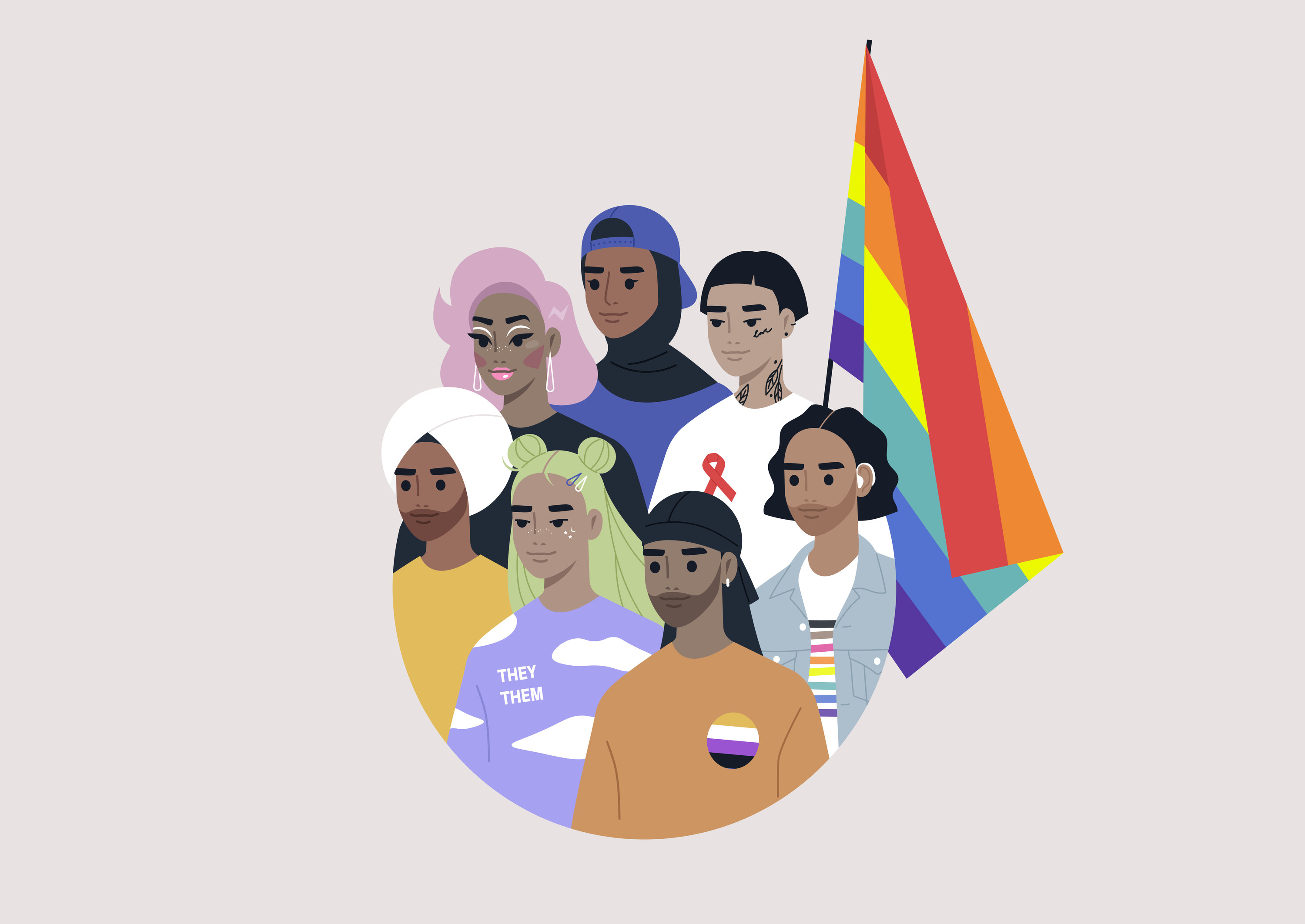 Graphic of people and a Pride flag