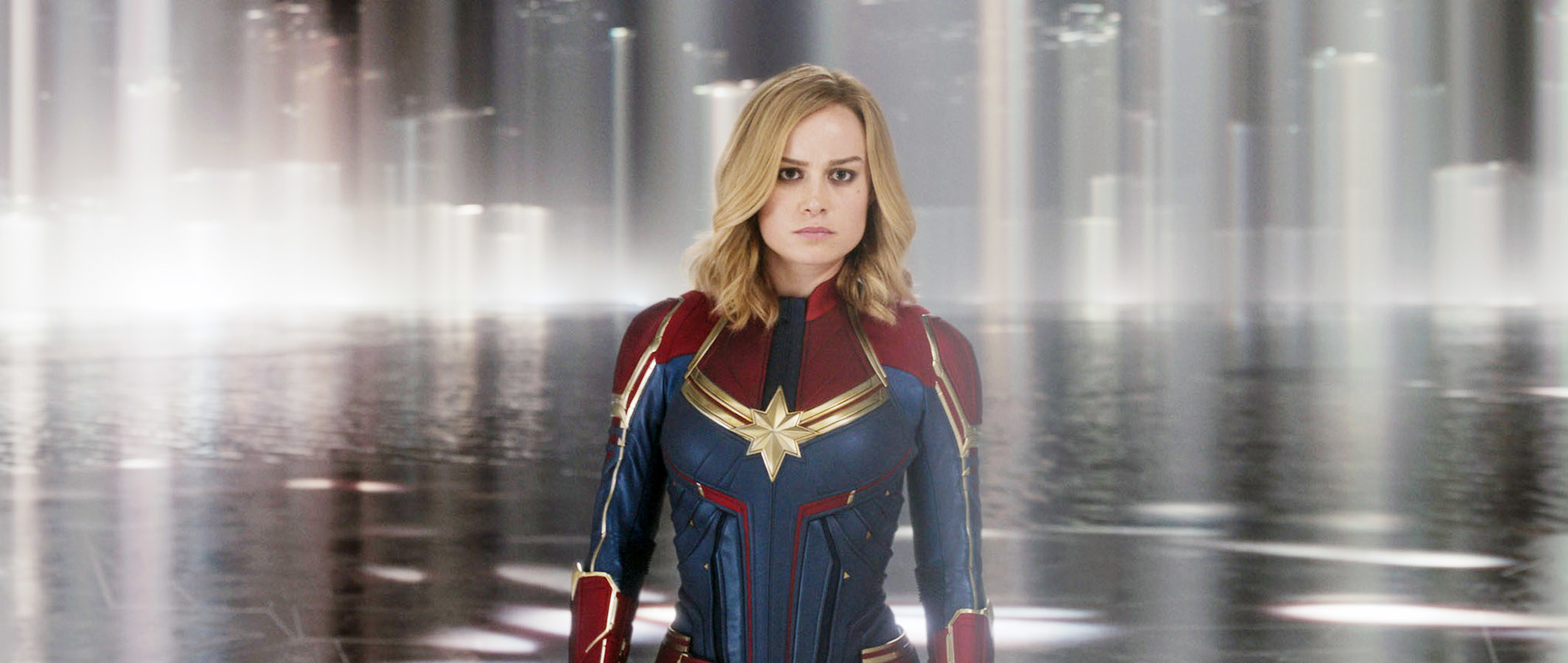 Brie Larson in her Captain Marvel outfit