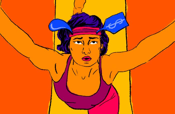 A top down view of a woman doing yoga set in vibrant warm colors. She&#x27;s doing a yoga pose and looks strained. She has a sweat drop coming off of one side of her head and a price tag coming off of the other side, mirroring each other.