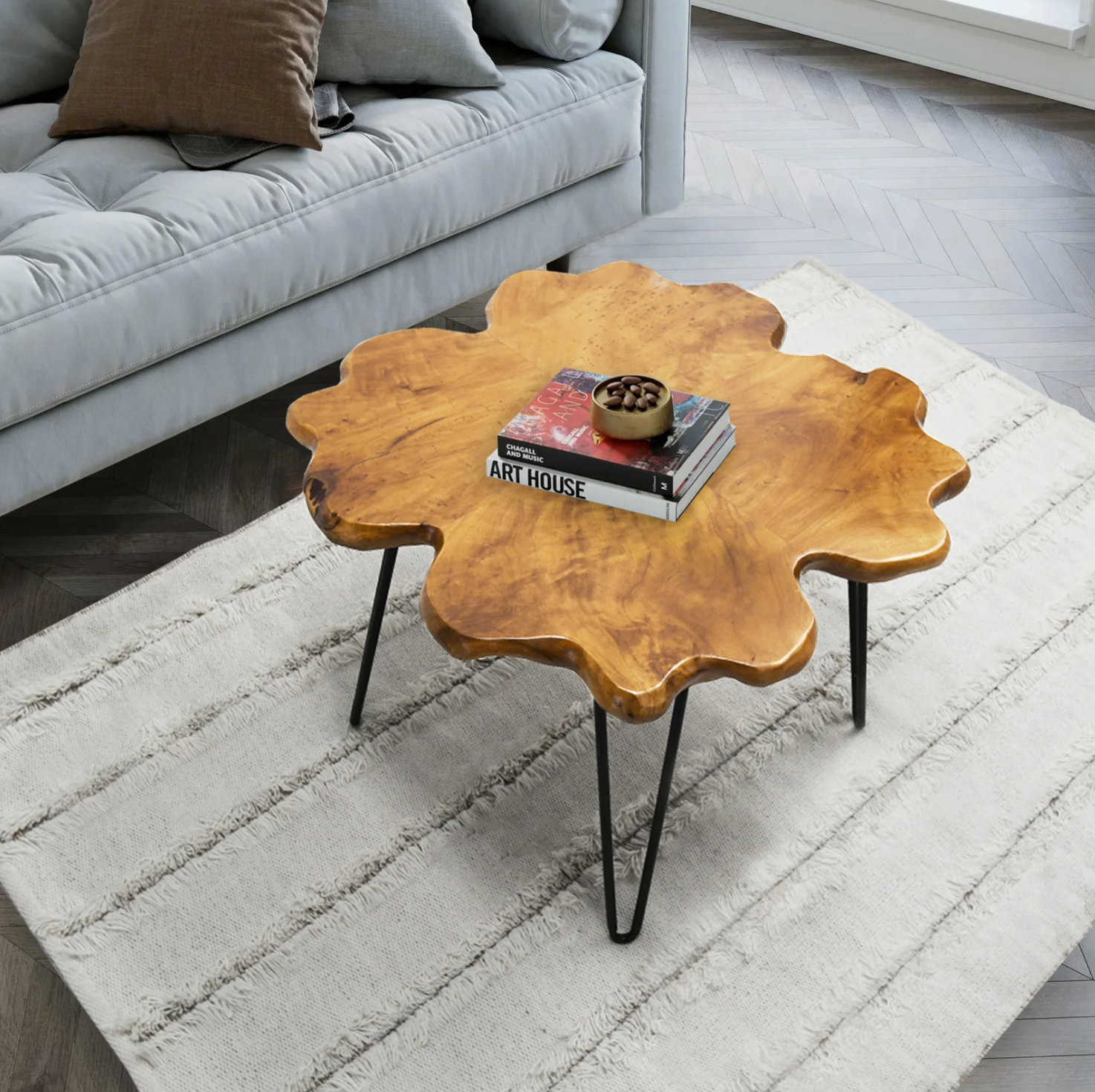 The coffee table in the middle of a living room