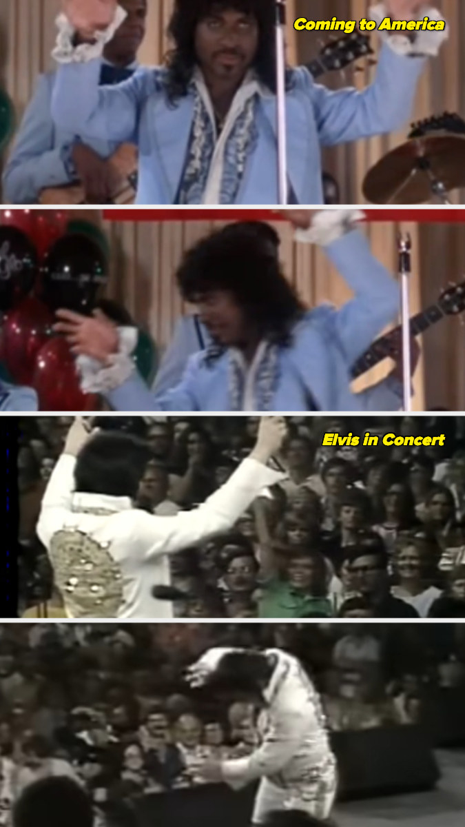 Eddie Murphy in Coming to America with his arms up, then bending over as he exits stage, and then Elvis at his last concert doing the same move back in 1977