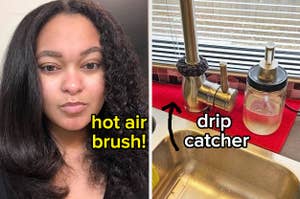 reviewer photo before and after using hot air brush, reviewer photo of drip catcher