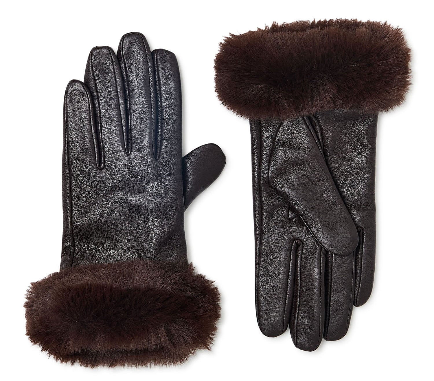 brown faux leather gloves with a fur trim