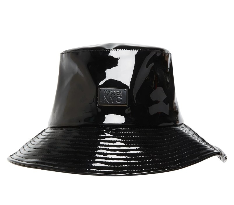 A black patent leather bucket hat