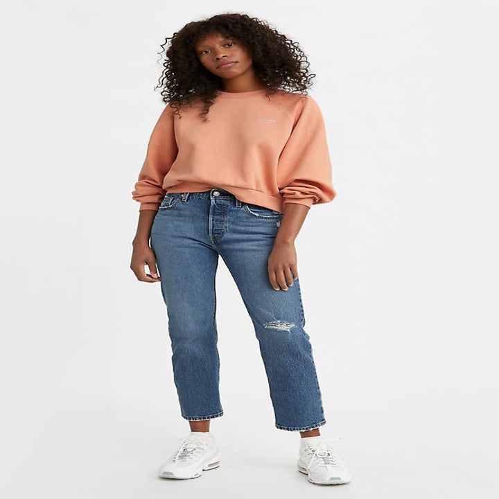 model wearing straight leg cropped jeans