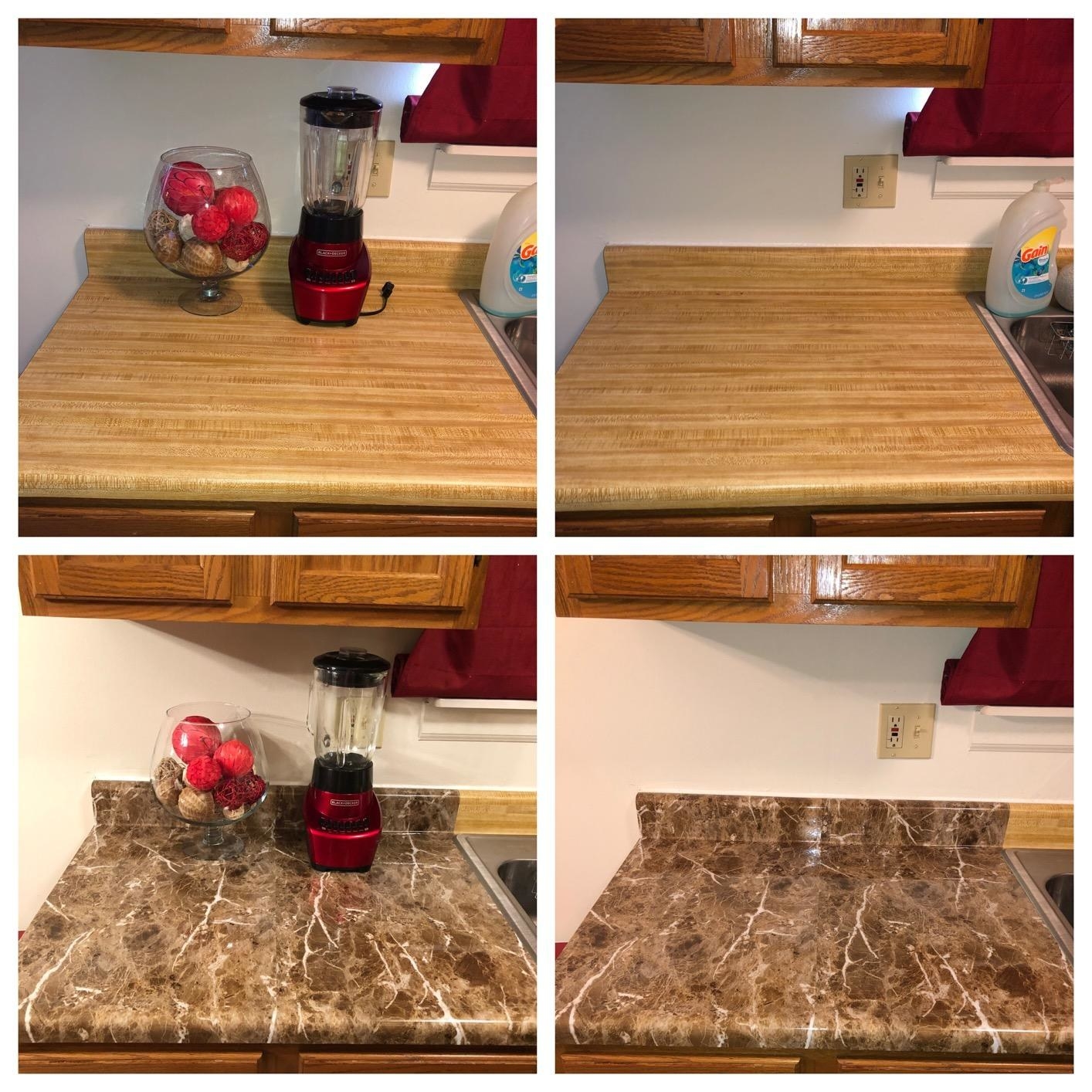 Reviewer&#x27;s kitchen countertop before and after using the faux granite contact paper