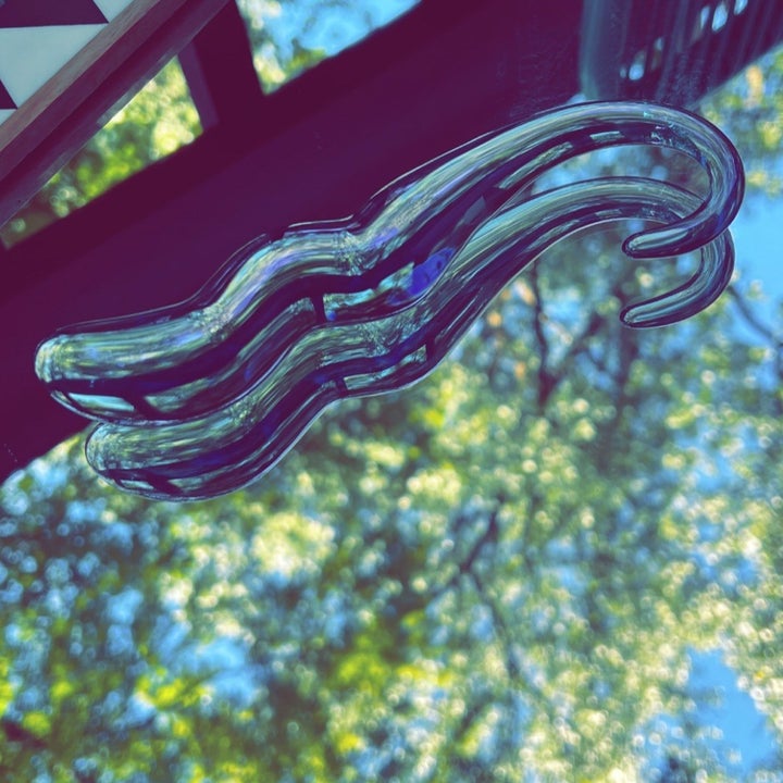 Dildo on mirror with trees in reflection