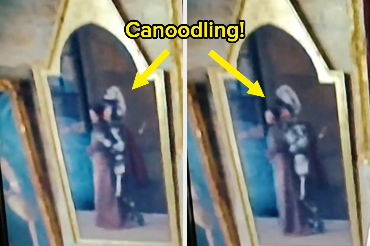 Two people in a painting in Hogwarts canoodling