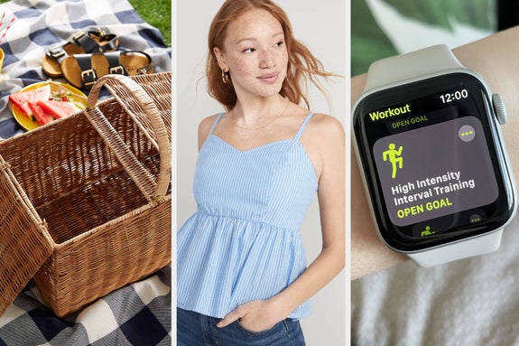 A picnic basket, a person wearing a babydoll top, and an apple watch