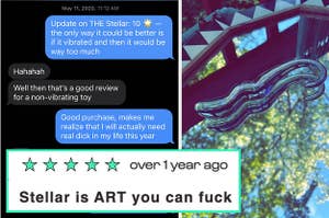 Text message with review of glass dildo and glass dildo on mirror