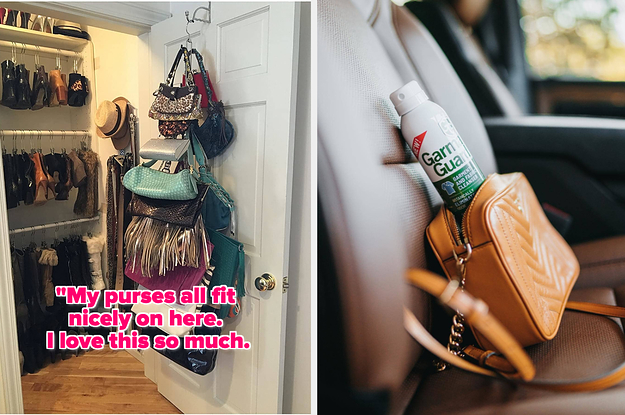 left image: 360 degree purse display hanger, right image: bottle of garma guard in handbag