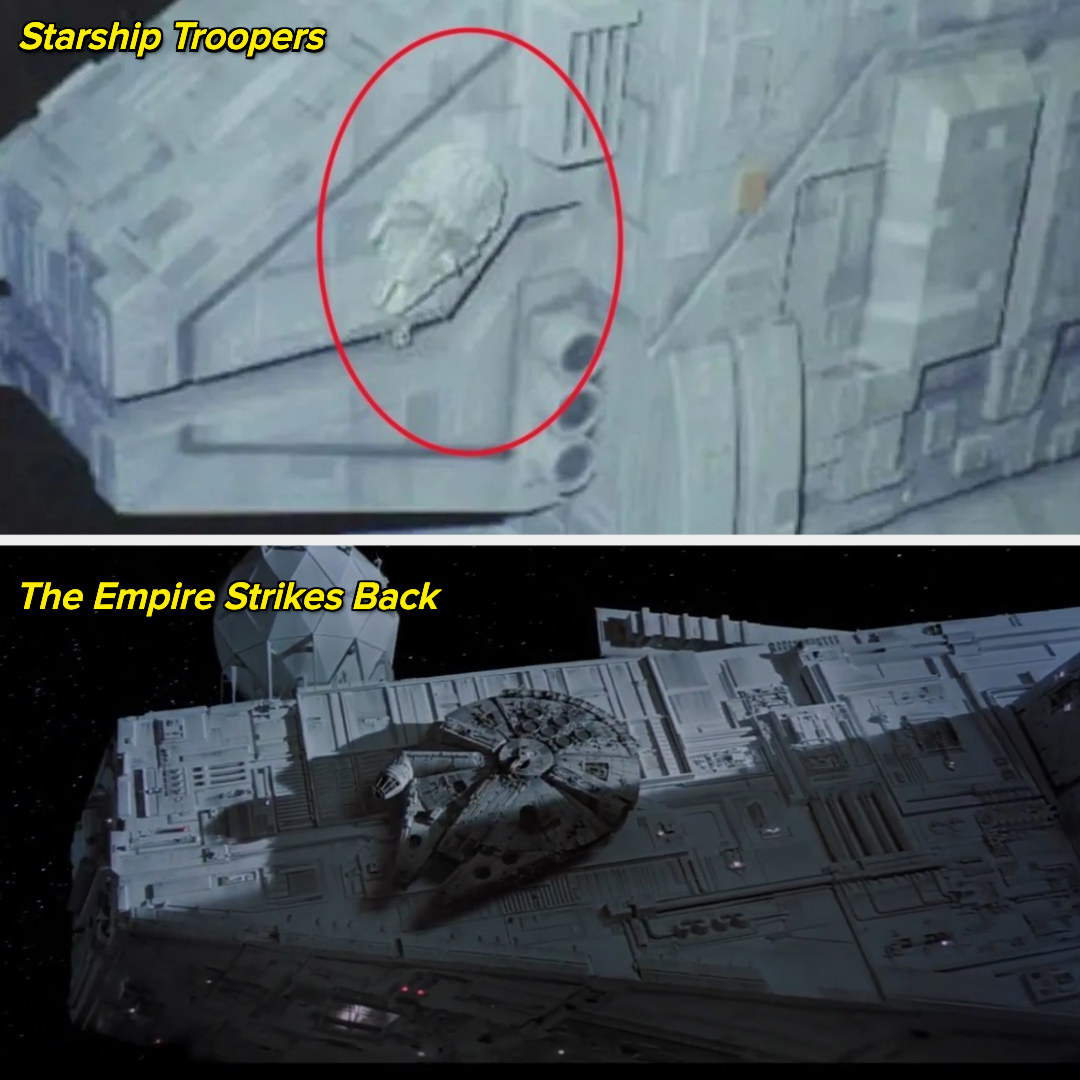 The millennium falcon stuck to the side of the ship in both movies