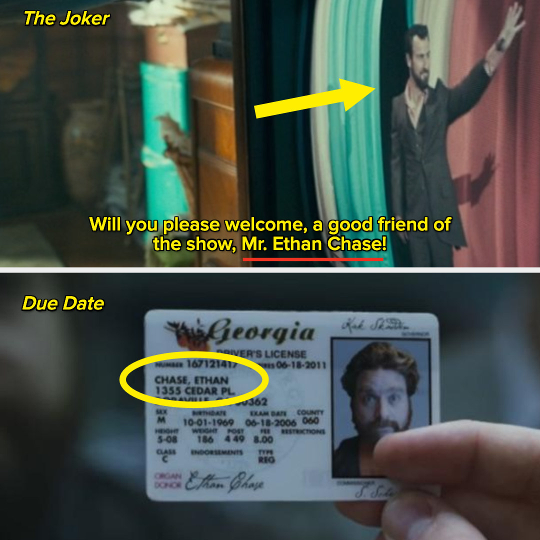 Justin Theroux as a guest on the talk show in the Joker, and a driver&#x27;s license from Due Date of Zack as Ethan Chase