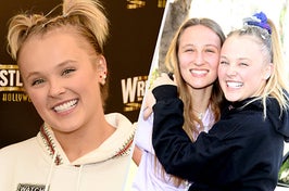 Jojo Siwa wears a cream-colored hoodie with her hair in ponytails. She also appears in a black hoodie with a purple hair bow while hugging Kylie Prew, who has on a pink shirt.