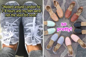 reviewer wearing gray sneakers with a positive review quote over top / a circle of multicolored platform sandals with text: so pretty!