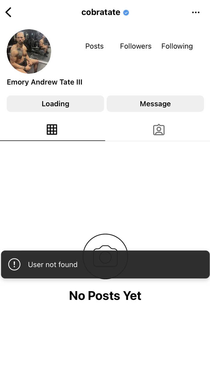 A screenshot of Andrew Tate&#x27;s Instagram page has a pop-up reading &quot;user not found&quot;