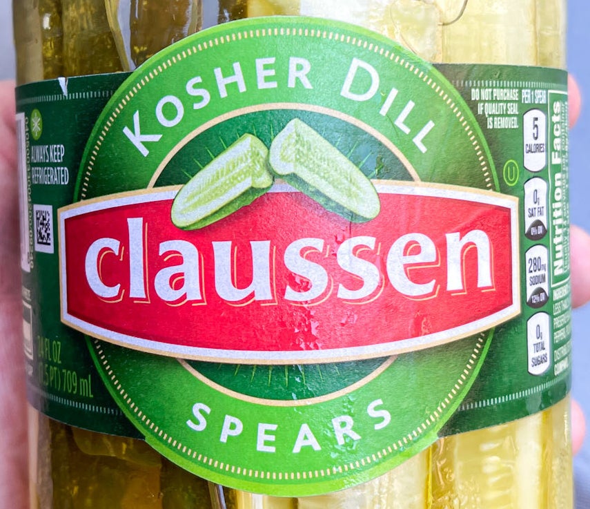 Close-up of a jar of Claussen Kosher Dill Spears pickles
