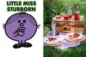 On the left, Little Miss Stubborn crossing her arms, and on the right, a picnic basket in the grass with juices on top of it and little fruit tarts on plates next to it