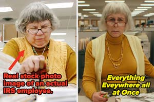 Stock image of a real irs employee dressed exactly like jamie lee curtis in everything everywhere all at once